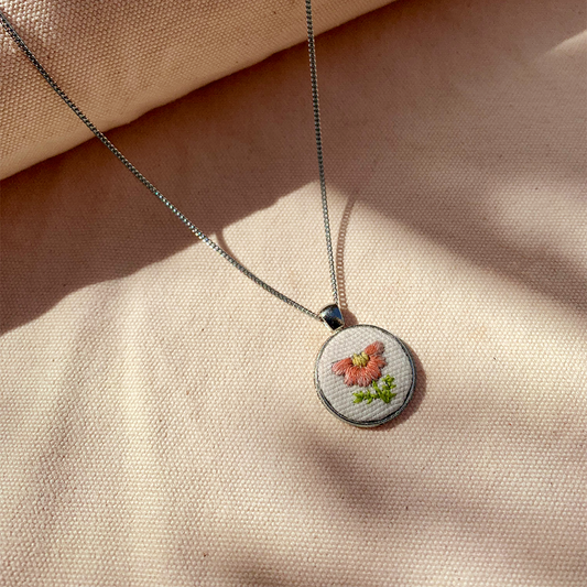 Coral Daisy- Hand Embroidered Pendant